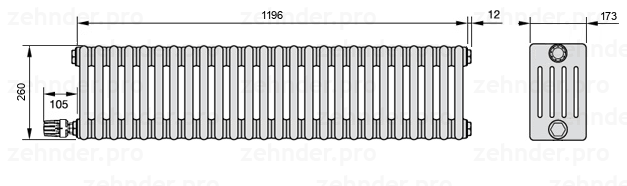 Схема (чертеж) Радиатор Zehnder Charleston 5026/26 №V003 Белый глянцевый RAL 9016